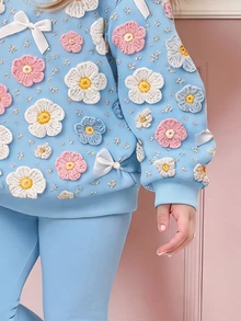 女童休閒加厚保暖優雅可愛 3D 花朵蝴蝶結圖案 寬鬆圓領套頭運動衫 柔軟休閒內搭褲 2 件套，適合秋冬日常、秋季氛圍、冬季時尚、萬聖節、戶外、婚禮季、返校 - 彩色 - 查看 5