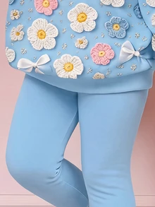 女童休閒加厚保暖優雅可愛 3D 花朵蝴蝶結圖案 寬鬆圓領套頭運動衫 柔軟休閒內搭褲 2 件套，適合秋冬日常、秋季氛圍、冬季時尚、萬聖節、戶外、婚禮季、返校 - 彩色 - 查看 6