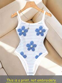 SHEIN LUNE 女款 3D 花卉裝飾休閒百搭日常穿著細肩帶連身內衣 - 藍色 - 查看 3