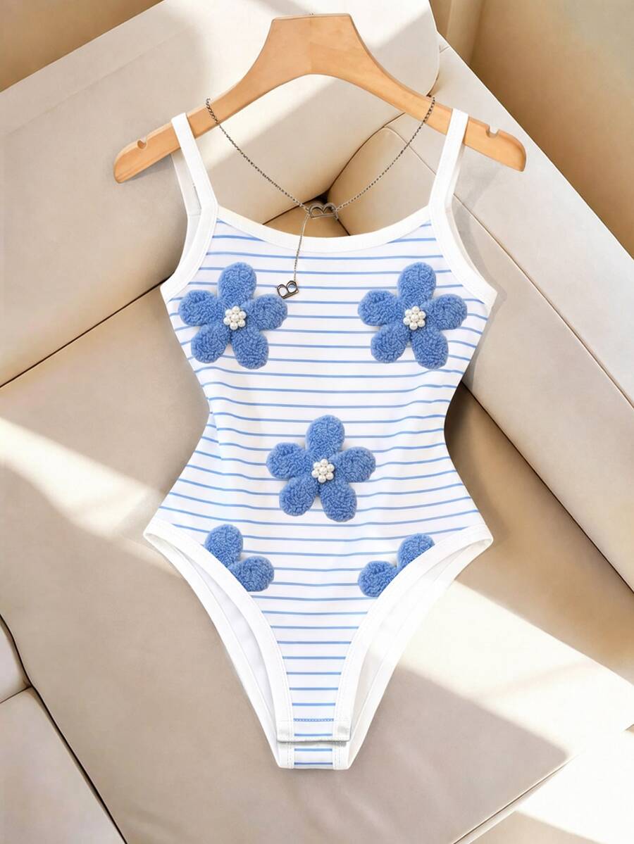 SHEIN LUNE 女款 3D 花卉裝飾休閒百搭日常穿著細肩帶連身內衣 - 藍色 - 查看 1