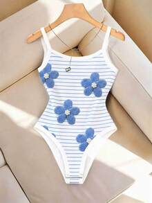 SHEIN LUNE 女款 3D 花卉裝飾休閒百搭日常穿著細肩帶連身內衣 - 藍色 - 查看 4
