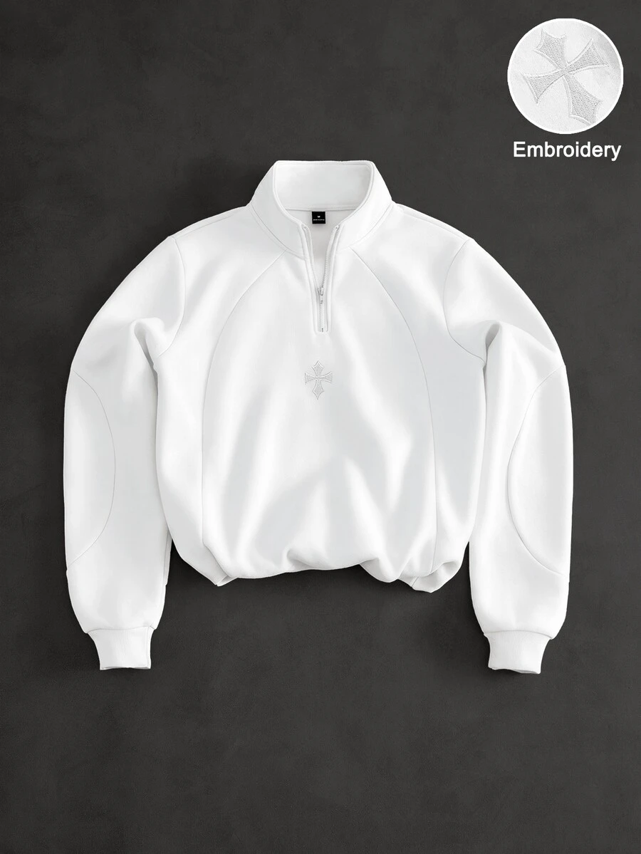 PAVTROS Men's Streetwear Half-Zip Pullover Sweatshirt, Patchwork Design, Small Embroidered Logo, Friends Gathering, Boyfriend/Husband Gift, Anniversary Gift, Men's Pullover Pullover Sweatshirt - White - View 1