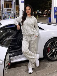 SHEIN EZwear 大尺碼女款豹紋連帽長袖上衣與長褲休閒日常兩件套 秋季 - 彩色 - 查看 6