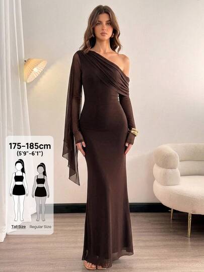 SHEIN Tall Vestido elegante de unicolor con hombro asimétrico para mujer, vestido elegante para mujer, vestido de gala, vestido de invitada de boda de otoño, vestido elegante y sexy de un solo hombro largo para invitada de boda