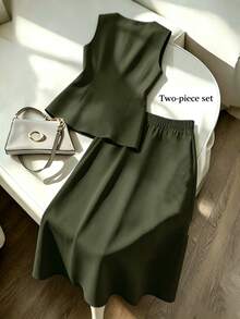 Franclia Setelan 2 Potong Elegan Tanpa Lengan Leher V Warna Polos untuk Wanita, Musim Panas - Dark Green - View 2