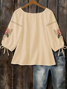 EMERY ROSE Bow Tie, Pearl, Floral Pattern Artistic Round Neck 3/4 Sleeve Woven Blouse Fall - Multicolor - View 2