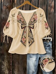 EMERY ROSE Bow Tie, Pearl, Floral Pattern Artistic Round Neck 3/4 Sleeve Woven Blouse Fall - Multicolor - View 1