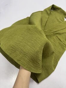 Breezaya 女款休閒都市風白色亞麻V領無袖上衣與寬腿褲套裝 - 橄欖綠 - 查看 8