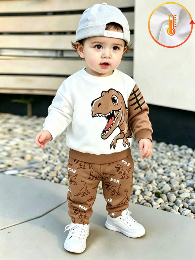 Baby Boy Long Sleeve Sweatshirt Set Dinosaur Print Off-White Coffee Winter School Loose Ribbed 3Pcs Casual Outfit - Multicolor - View 1