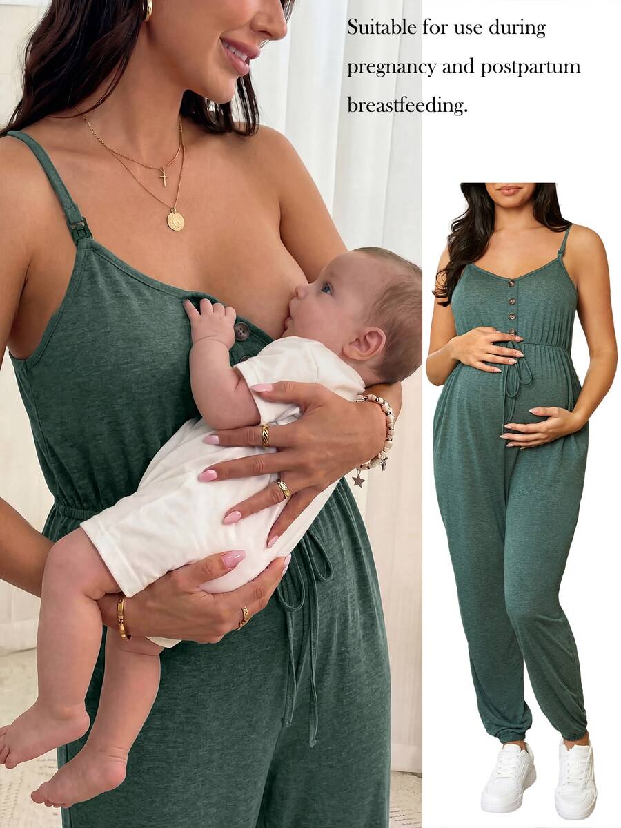 SHEIN 可調整帶的孕婦哺乳連身褲,適用於家居和休閒穿著 - 綠色 - 查看 1