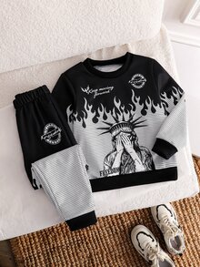 Genkimix Kids 小男孩 2件組 火焰與人物圖案標語印花運動衫與運動長褲套裝，幼兒男孩休閒運動服，兒童酷嘻哈運動套裝 - 黑與白 - 查看 2