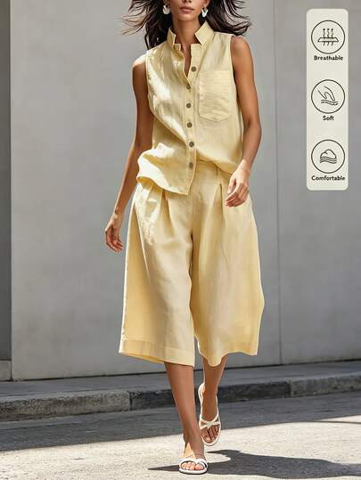 SHEIN Holidaya Women's Thin Solid Color Spring/Summer Stand Collar Button-Up Sleeveless Shirt And Loose Shorts With Elastic Waistband And Side Pockets 2-Piece Casual Set, Suitable For Vacation, Commuting, Summer Holiday, Beach Outfit, Elegant Look, Casual Set And Yellow Set. Fashionable Casual Outfit, Business Office Wear, Versatile And Stylish Daily Casual Apparel, Urban Teacher Professional Attire