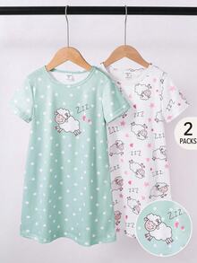 Genkimix Kids 2 件女童可爱卡通绵羊印花睡衣套装，粉色和灰色，简约时尚设计，短袖长睡袍家居服 - 彩色 - 查看 8