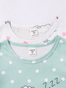 Genkimix Kids 2 件女童可爱卡通绵羊印花睡衣套装，粉色和灰色，简约时尚设计，短袖长睡袍家居服 - 彩色 - 查看 5