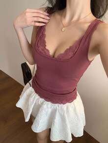 DAZY 春夏西瓜紅粉色休閒街頭風鏤空蕾絲飾邊拼接修身細肩帶背心上衣，適合婚禮宴會情人節，女款 - 西瓜粉 - 查看 7