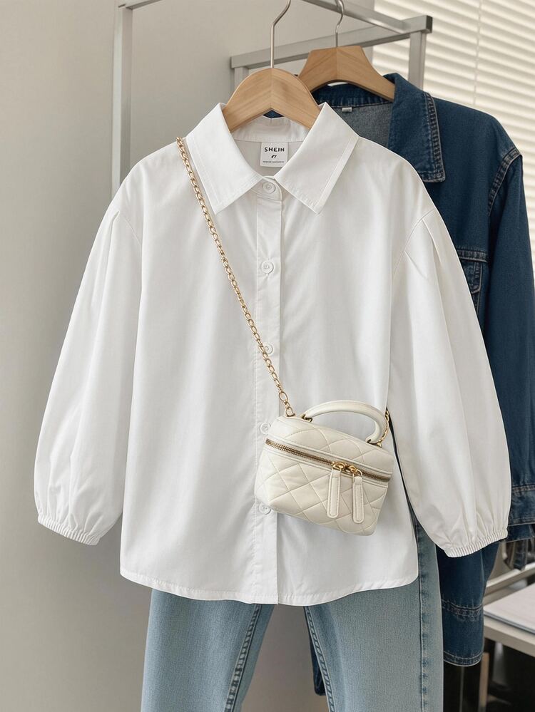 SHEIN Young Girl Young Girl Woven Solid Color Petal Sleeve Casual Shirt - Multicolor - View 7