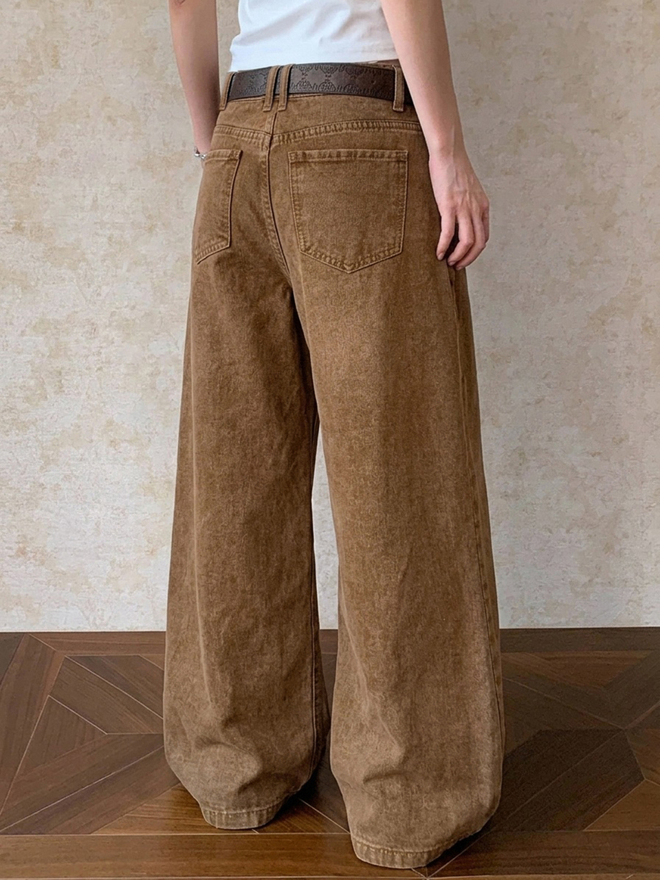Women's Loose Barrel Leg Curved Hem Jeans With Contrast Stitching And Patchwork Design, Casual Urban Style Fall
