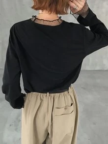 FRIFUL Kaos Wanita Elegan Bergaya Prancis dengan Motif Renda dan Patchwork untuk Kencan dan Liburan Musim Gugur - Hitam - View 2