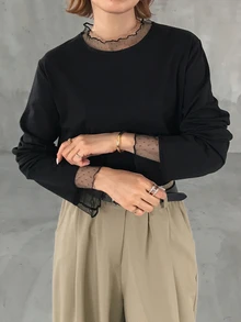 FRIFUL Kaos Wanita Elegan Bergaya Prancis dengan Motif Renda dan Patchwork untuk Kencan dan Liburan Musim Gugur - Hitam - View 4