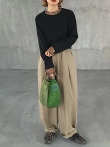 FRIFUL Kaos Wanita Elegan Bergaya Prancis dengan Motif Renda dan Patchwork untuk Kencan dan Liburan Musim Gugur - Hitam - View 5