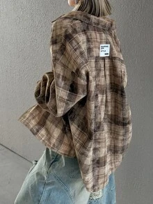FRIFUL 女款時尚復古格紋襯衫 - 咖啡棕 - 查看 7