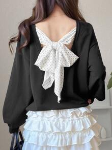 FRIFUL Women's Loose Fit Long Sleeve Sweatshirt With Polka Dot Pattern, Knot Design And Dropped Shoulders On Back Cute Tops - Black - View 5