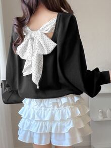 FRIFUL Women's Loose Fit Long Sleeve Sweatshirt With Polka Dot Pattern, Knot Design And Dropped Shoulders On Back Cute Tops - Black - View 7