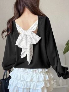 FRIFUL Women's Loose Fit Long Sleeve Sweatshirt With Polka Dot Pattern, Knot Design And Dropped Shoulders On Back Cute Tops - Black - View 4