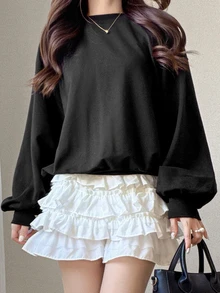 FRIFUL Women's Loose Fit Long Sleeve Sweatshirt With Polka Dot Pattern, Knot Design And Dropped Shoulders On Back Cute Tops - Black - View 3