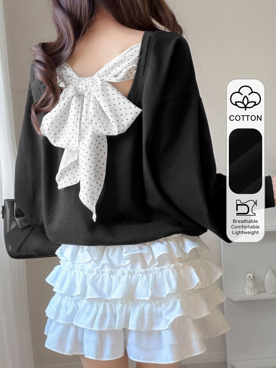 FRIFUL Women's Loose Fit Long Sleeve Sweatshirt With Polka Dot Pattern, Knot Design And Dropped Shoulders On Back Cute Tops - Black - View 1