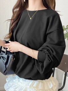 FRIFUL Women's Loose Fit Long Sleeve Sweatshirt With Polka Dot Pattern, Knot Design And Dropped Shoulders On Back Cute Tops - Black - View 2