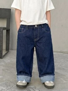 SHEIN 兒童青少年男孩深藍色寬鬆弧形捲邊牛仔褲，萬聖節與上學穿搭 - 藍色 - 查看 3