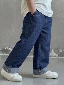 SHEIN 兒童青少年男孩深藍色寬鬆弧形捲邊牛仔褲，萬聖節與上學穿搭 - 藍色 - 查看 1