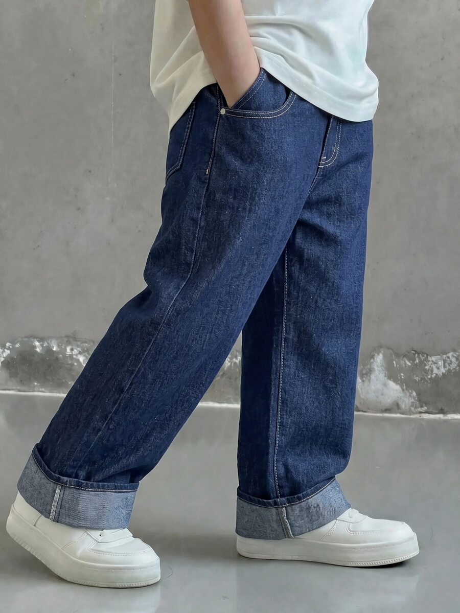 SHEIN 兒童青少年男孩深藍色寬鬆弧形捲邊牛仔褲,萬聖節與上學穿搭 - 藍色 - 查看 1