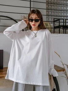 DAZY Split Hem Drop Shoulder Tee,Fall Clothes Long Sleeve Women Tops - White - View 8
