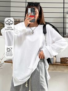 DAZY Split Hem Drop Shoulder Tee,Fall Clothes Long Sleeve Women Tops - White - View 10