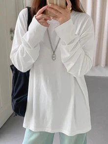 DAZY Split Hem Drop Shoulder Tee,Fall Clothes Long Sleeve Women Tops - White - View 1