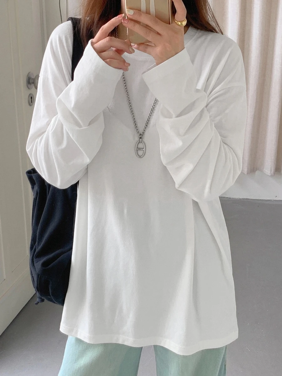 DAZY Split Hem Drop Shoulder Tee,Fall Clothes Long Sleeve Women Tops - White - View 1
