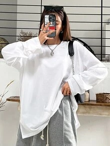 DAZY Split Hem Drop Shoulder Tee,Fall Clothes Long Sleeve Women Tops - White - View 9