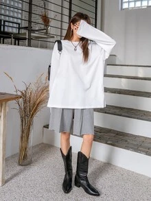 DAZY Split Hem Drop Shoulder Tee,Fall Clothes Long Sleeve Women Tops - White - View 6