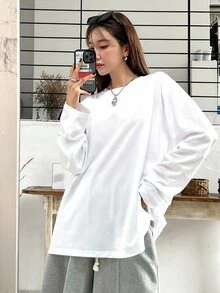 DAZY Split Hem Drop Shoulder Tee,Fall Clothes Long Sleeve Women Tops - White - View 3