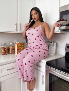ZzzCrew Plus Size Red Heart Stripe Print Camisole Top And Long Pants Pajama Set - Multicolor - View 5