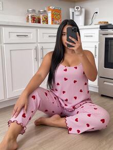 ZzzCrew Plus Size Red Heart Stripe Print Camisole Top And Long Pants Pajama Set - Multicolor - View 6