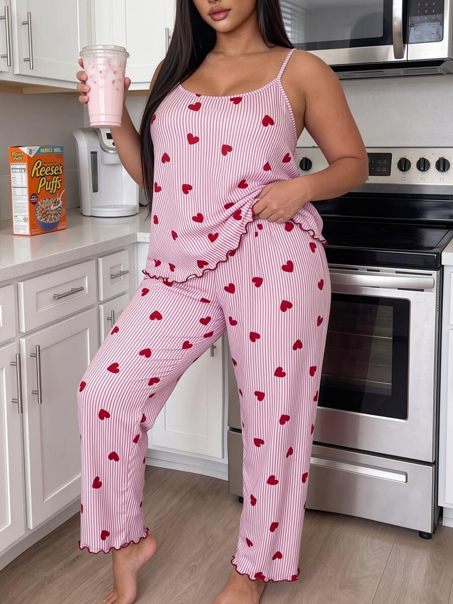 ZzzCrew Plus Size Red Heart Stripe Print Camisole Top And Long Pants Pajama Set - Multicolor - View 1