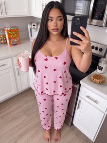 ZzzCrew Plus Size Red Heart Stripe Print Camisole Top And Long Pants Pajama Set - Multicolor - View 7