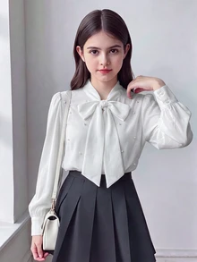 SHEIN 青少年女孩休閒日常外出法式優雅學院風修身襯衫，翻領珍珠裝飾，返校穿搭，經典百搭，秋冬/四季皆宜 - 白色 - 查看 4