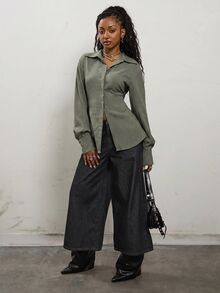 COUREZ Long Sleeve Cinched Shirt In Grid Check / Fall Tops Y2K Green Fall Cute Autumn Clothes For Women Outfits Rave Club Outfits For Women Going Out Tops - Army Green - View 1