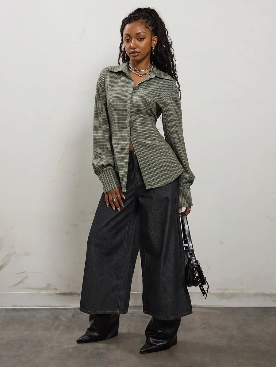 COUREZ Long Sleeve Cinched Shirt In Grid Check / Fall Tops Y2K Green Fall Cute Autumn Clothes For Women Outfits Rave Club Outfits For Women Going Out Tops - Army Green - View 1