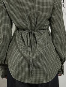 COUREZ Long Sleeve Cinched Shirt In Grid Check / Fall Tops Y2K Green Fall Cute Autumn Clothes For Women Outfits Rave Club Outfits For Women Going Out Tops - Army Green - View 6