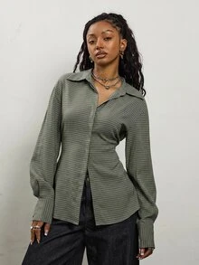 COUREZ Long Sleeve Cinched Shirt In Grid Check / Fall Tops Y2K Green Fall Cute Autumn Clothes For Women Outfits Rave Club Outfits For Women Going Out Tops - Army Green - View 2